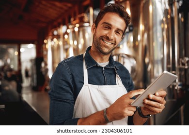 Tablet, beer and brewery with portrait of man for production, manufacturing and alcohol fermentation. Technology, inspection and digital with business owner for distillery, storage or quality control - Powered by Shutterstock