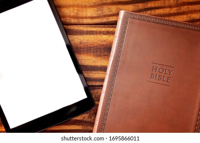 Tablet With A Bible For LIve Streaming Church Services Or Bible Study