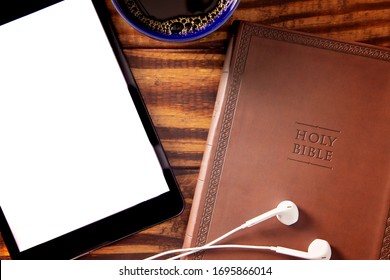 Tablet With A Bible For LIve Streaming Church Services Or Bible Study