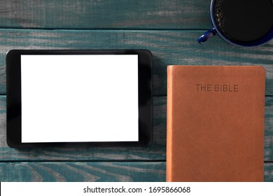 Tablet With A Bible For LIve Streaming Church Services Or Bible Study