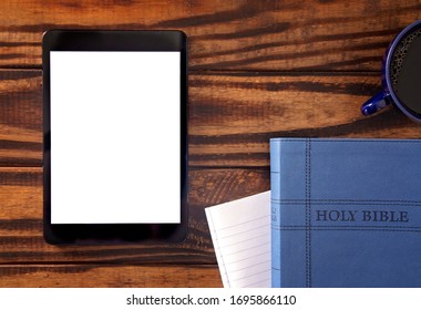 Tablet With A Bible For LIve Streaming Church Services Or Bible Study