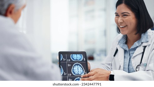Tablet, brain x ray and consultation with neurology, happy doctor and patient with medical results and advice on health diagnosis. Anatomy, radiology and people talk in office about surgery and healt - Powered by Shutterstock