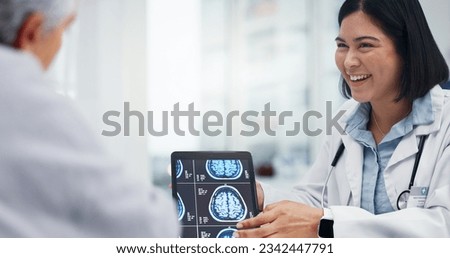 Tablet, brain x ray and consultation with neurology, happy doctor and patient with medical results and advice on health diagnosis. Anatomy, radiology and people talk in office about surgery and healt