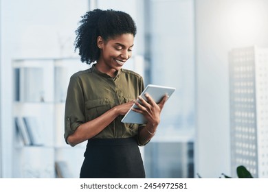 Tablet, business and black woman in office online for social media, online report and planning. Happy, corporate worker and person on digital technology for project ideas, website and research - Powered by Shutterstock