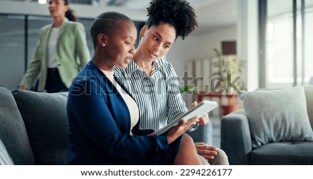 Tablet, business lounge and women teamwork on financial portfolio review, stock market feedback or investment. Finance economy, forex management team or African trader trading NFT, bitcoin or crypto