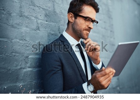 Tablet, businessman and thinking with question, problem and ideas as accountant finance agency. Male person, financial consultant and planning for investment opportunity with city, tech and gray wall