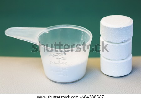 tablet of chlorine and powder of bromide for mainteance of water quality of home spa