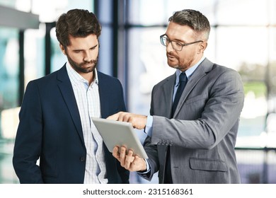 Tablet, coaching and planning with business people in meeting for networking, communication and review. Idea, collaboration and corporate with employees for partnership, teamwork and mentor - Powered by Shutterstock