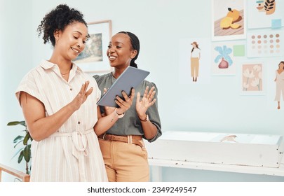 Tablet, collaboration and design with women in the fashion industry for creative planning or strategy. Technology, teamwork and a young designer with her colleague in a style agency startup together - Powered by Shutterstock