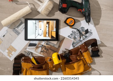 Tablet computer with architecture and construction tools and blueprints
