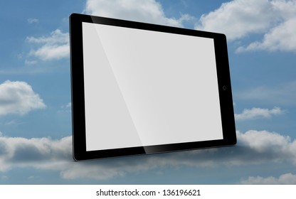 Tablet computer with blank screen on sky background