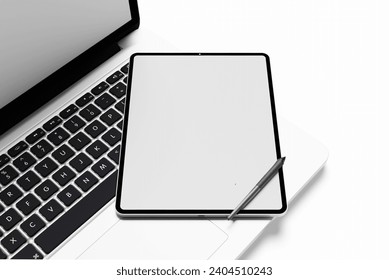 Tablet computer with blank white screen on white background	