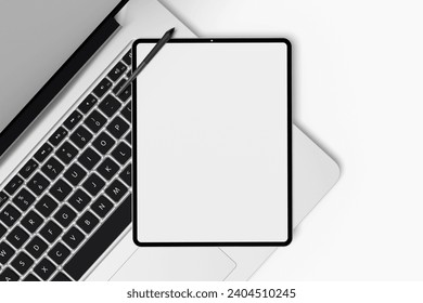 Tablet computer with blank white screen on white background	