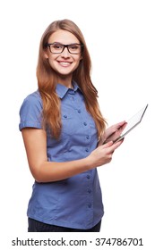 Tablet Computer. Business Woman Using Digital Tablet Computer PC Happy Isolated On White Background.