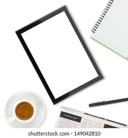 Tablet computer, coffee cup and other office supplies on white background