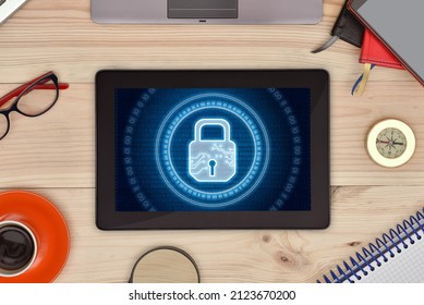 Tablet computer and digital lock icon hologram with circle binary numders on screen. Cyber security and digital protection concept.