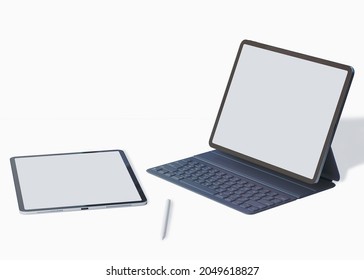 Tablet, computer with keyboard,blank screen on white background.