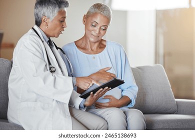 Tablet, consulting or pregnant woman with doctor for medical check or monitor pregnancy healthcare progress. Digital, maternity or senior worker talking, speaking or helping patient with baby advice - Powered by Shutterstock