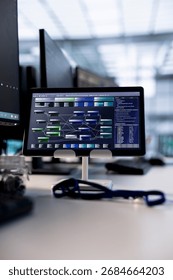 Tablet in data center providing computing resources for artificial intelligence processing massive datasets for training. Close up of code lines on device in server room used for machine learning