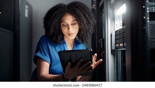 Tablet, data center and technician programming software, update or system network maintenance. Technology, server room or woman on database for information, cyber security or code for cloud computing