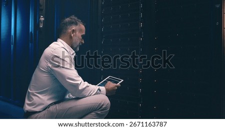Tablet, developer and technician or man in server room for cyber security, software update and database system. Programmer, maintenance and cybersecurity with mature person in data center as engineer