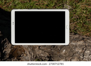 Tablet device on rustic wood log in rural environment
