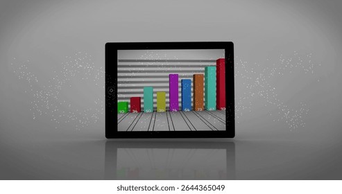Tablet device showing floating bar chart in studio, with digital particles and numeric labels. Technology, data, analytics, innovation, futuristic, abstract, business