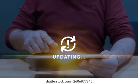 Tablet Device Updating Software with Warning Symbol – Man Touching Digital Screen During System Upgrade