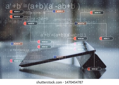 Tablet with digital big data interface. Technology, programming and software concept. Double exposure 
