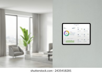 Tablet displays energy consumption and device analysis in home on wall with living room background. Concept of smart home technology - Powered by Shutterstock