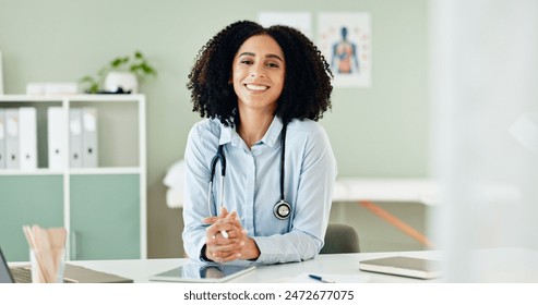 Tablet, doctor and portrait of black woman with stethoscope for medical wellness, support and health. Clinic, online healthcare and happy person for cardiology, pulmonary service and telehealth - Powered by Shutterstock