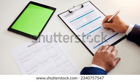 Tablet, documents and green screen with hands of lawyer for life insurance, information and policy. Technology, signature and agreement with closeup of person for writing, planning and application