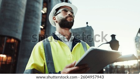 Tablet, engineer thinking and man outdoor for construction, planning and development at dawn. Technology, building and architect in city for maintenance decision, safety inspection or problem solving