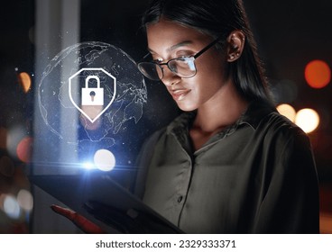 Tablet, global security and woman in hologram for data safety, software password and worldwide database. Cybersecurity, overlay and business person with digital technology, lock icon and night bokeh - Powered by Shutterstock - Get 15% off with code: PIKWIZARD15