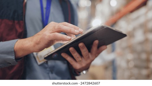 Tablet, hands and logistics in warehouse for package, inventory and stock management on shelf. Industrial worker or person typing on digital tech for e commerce and commercial supply chain of boxes