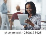 Tablet, happy and businesswoman in office with email for positive feedback from finance client. Reading, digital technology and financial broker with increase in foreign exchange currency on app