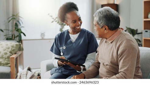 Tablet, healthcare and african nurse in home with senior man, internet and online help on sofa. Young caregiver, elderly person and technology for learning or telehealth and care in chronic illness - Powered by Shutterstock