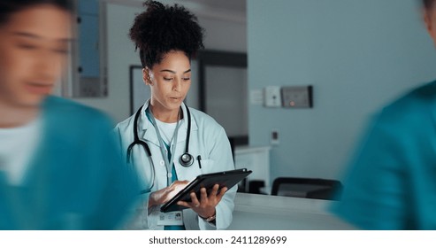 Tablet, healthcare doctor and happy woman typing online research, medicine study and smile for wellness, test exam results. Hospital web info, scroll and nurse reading clinic review, feedback or news - Powered by Shutterstock