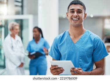 Tablet, healthcare and medicine with a man nurse doing research in a hospital for health or treatment. Medical, insurance and medicare with a young male clinic worker doing a search online - Powered by Shutterstock