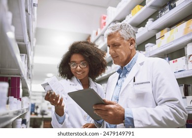 Tablet, healthcare and pharmacists with medication in chemist for inventory or stock checking. People, internship and mentor with pharmaceutical student for medical research on digital technology - Powered by Shutterstock