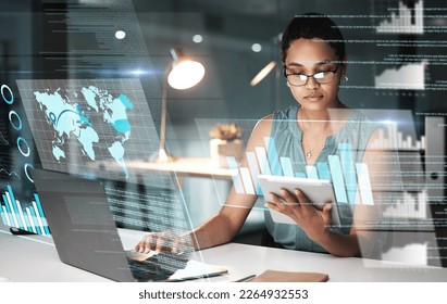 Tablet, hologram chart and business woman in office with laptop and global map at night. Future, technology and female employee with digital touchscreen, cyber statistics or overlay, graphs or data. - Powered by Shutterstock