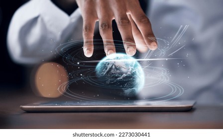 Tablet hologram, global network or man hands with world analysis of digital earth communication or worldwide networking. Future night, holographic planet ui or media network employee working overtime - Powered by Shutterstock