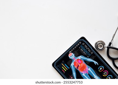 Tablet with human record interface on screen near stethoscope over white background concept for Digital healthcare,Medical technology,advanced diagnostic tools,health technology integration.