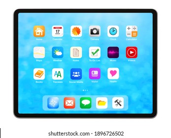 Tablet isolated on white background, home screen mockup with app icons. - Shutterstock ID 1896726502