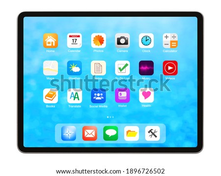 Tablet isolated on white background, home screen mockup with app icons.
