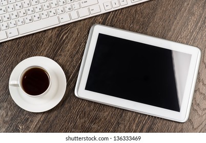 Tablet, Keyboard, Cup Of Coffee, Still Life