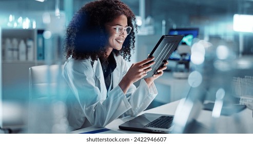 Tablet, laptop and woman scientist in lab working on medical research, project or experiment. Science, career and female researcher with digital technology and computer for pharmaceutical innovation. - Powered by Shutterstock