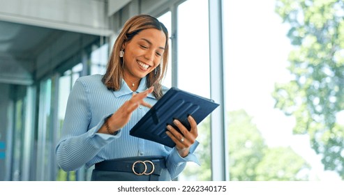 Tablet, laugh and face of business woman in office for planning, email and social media news. Success, motivation and idea with employee browsing on report for research, internet and technology - Powered by Shutterstock