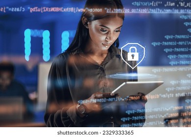 Tablet, lock security and woman in hologram for data safety, software, password or coding in information technology. Cybersecurity, html overlay and person for digital analytics and research of gdpr