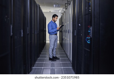 Tablet, man and engineer in server room, research and programming. Information technology, reading and technician in data center, network on cybersecurity and coding software of system admin typing - Powered by Shutterstock